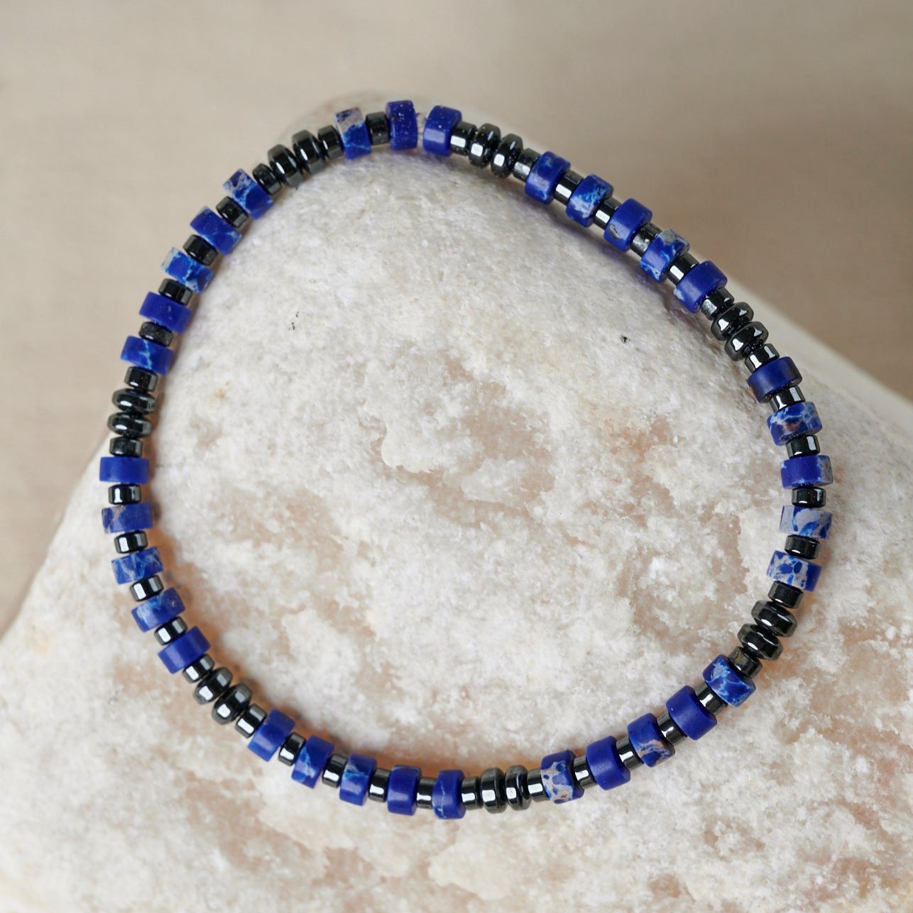 Blue Lapis and Charcoal Hematite Beaded Bracelet