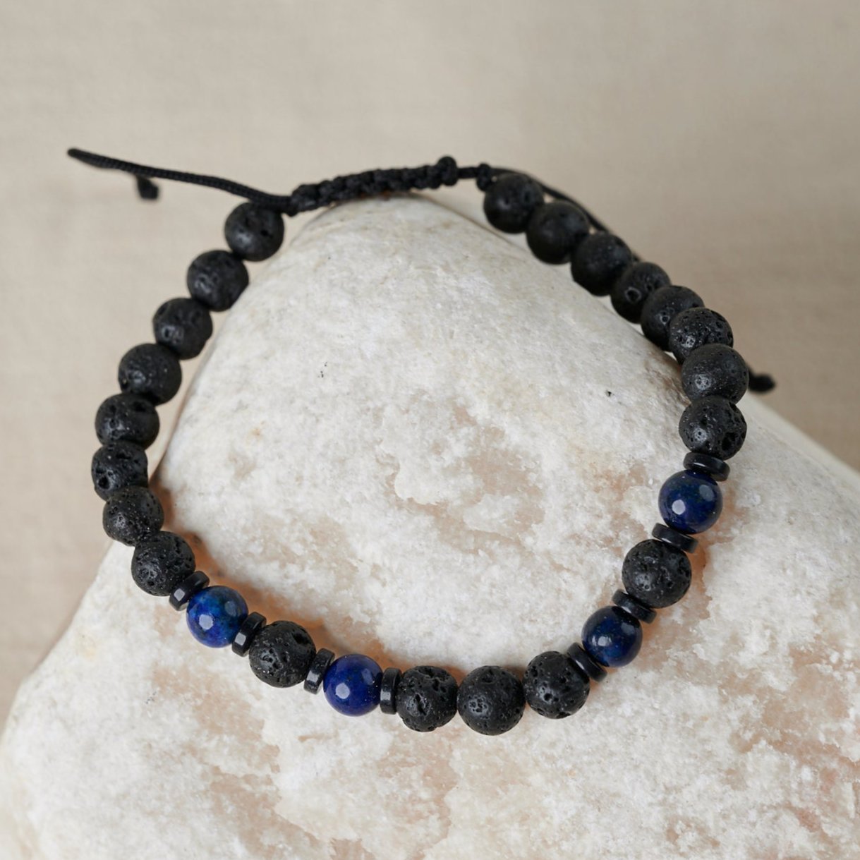 Black Lava and Blue Lapis Beaded Bracelet