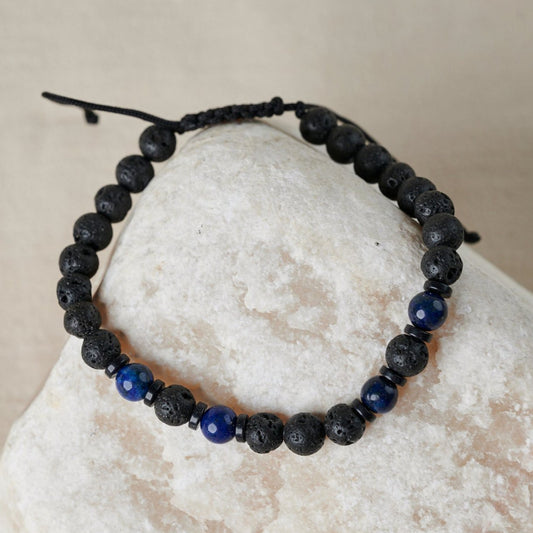 Black Lava and Blue Lapis Beaded Bracelet