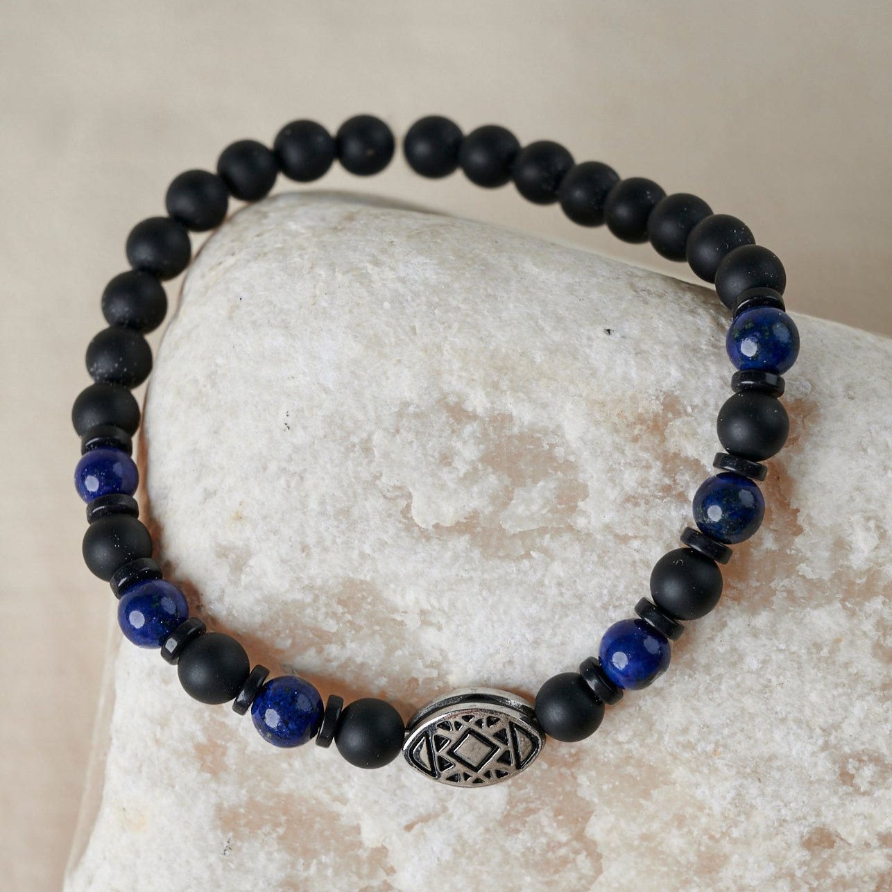 Black Onix and Blue Lapis Beaded Bracelet