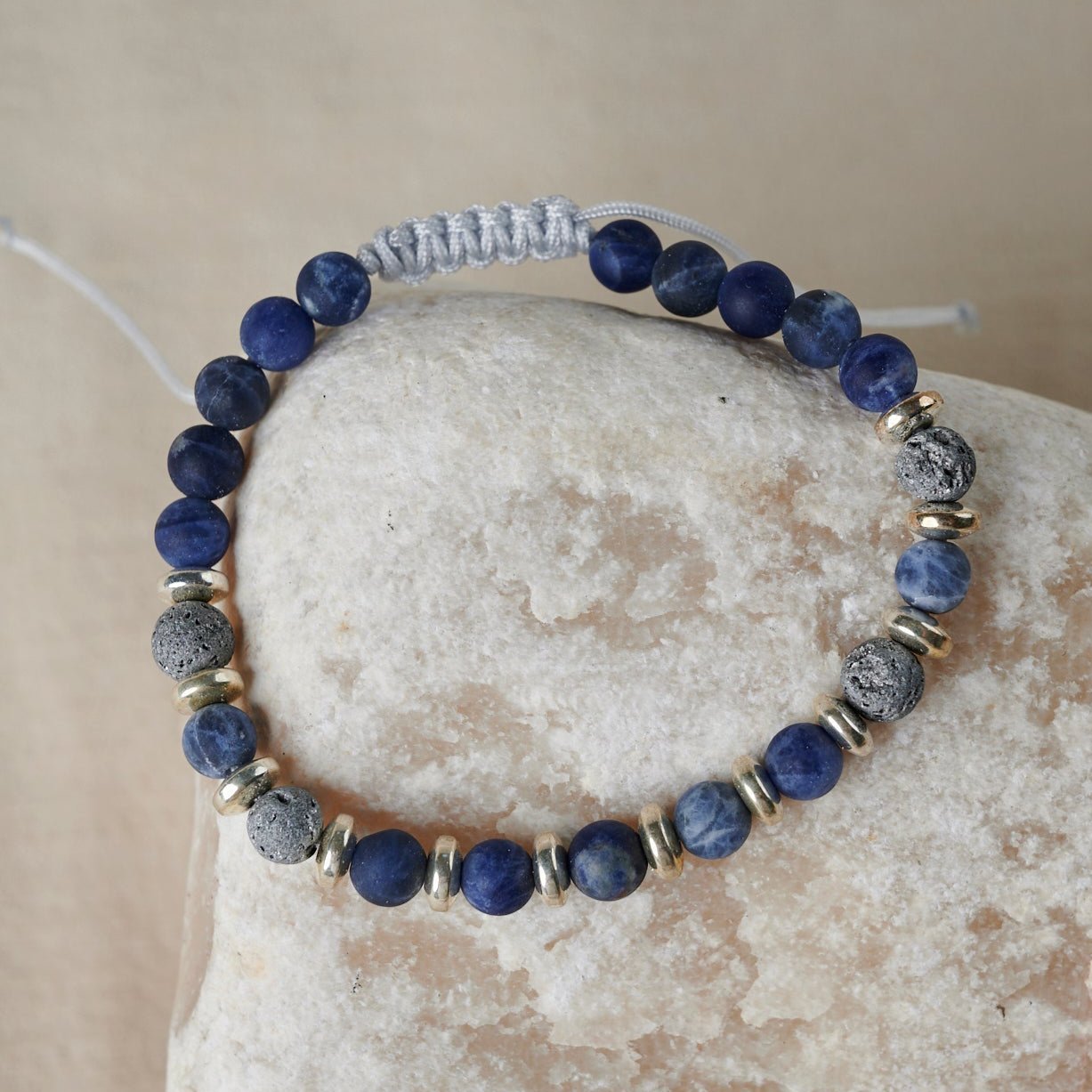 Blue Sodalite and Gray Lava with Hematite Beaded Bracelet