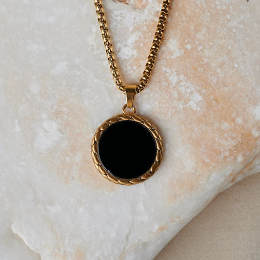 Black Onix Coin Pendant | 18K Gold Plated