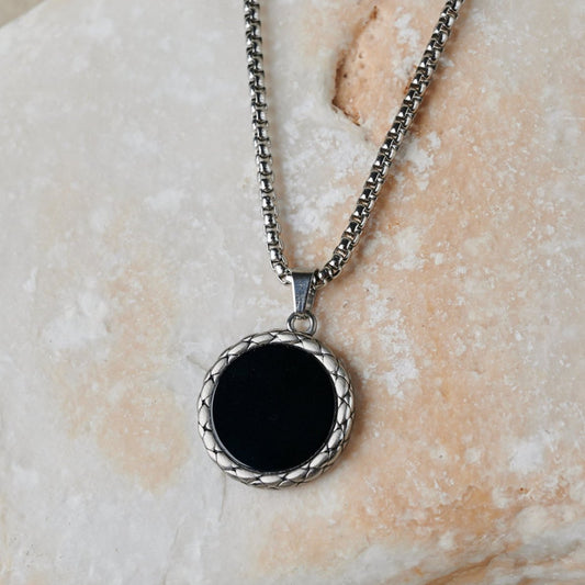 Black Onix Coin Pendant | Silver Plated