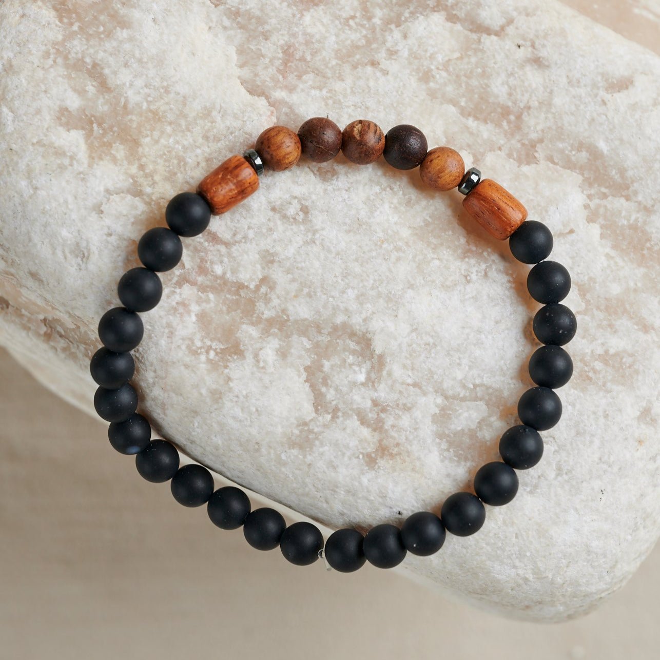 Black Onix and Wooden Beaded Bracelet