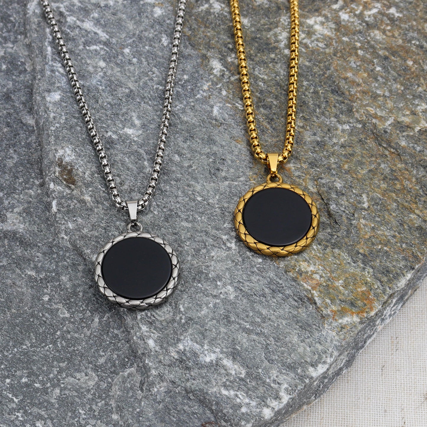 Black Onix Coin Pendant | Silver Plated